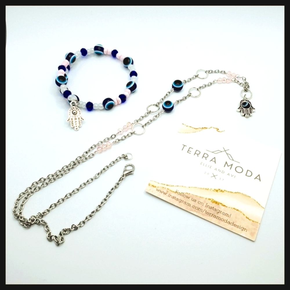 TMD - Evil Eye Bracelet / Necklace Set w/ Hamsa Charms - Silver, Pink and Blue